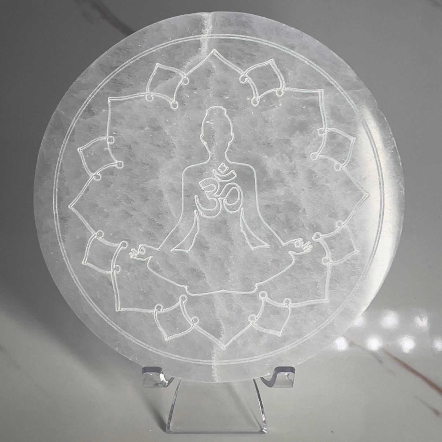 Selenite Charging Plate Om Lotus Etching Large