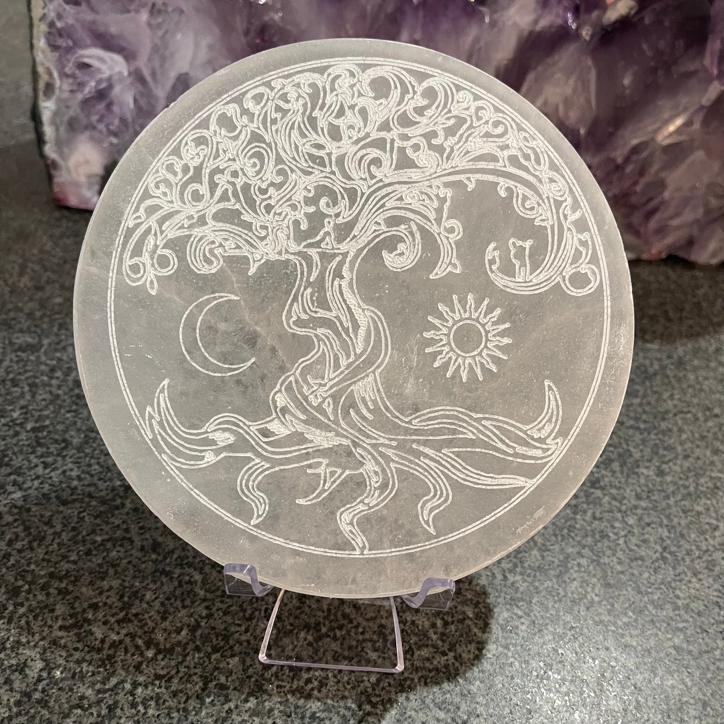 Selenite Charging Plate Tree of Life Etching Large