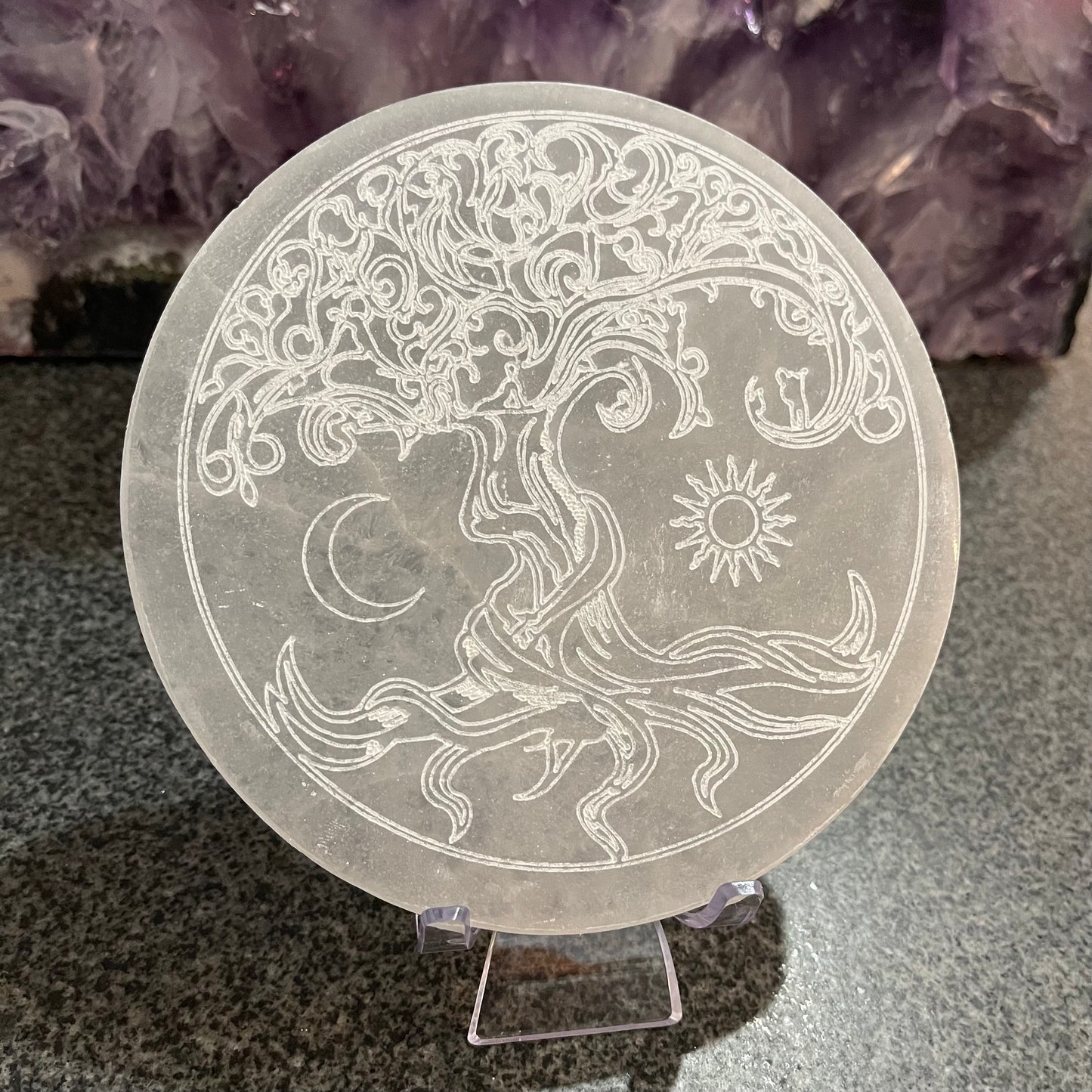 Selenite Charging Plate Tree of Life Etching Large
