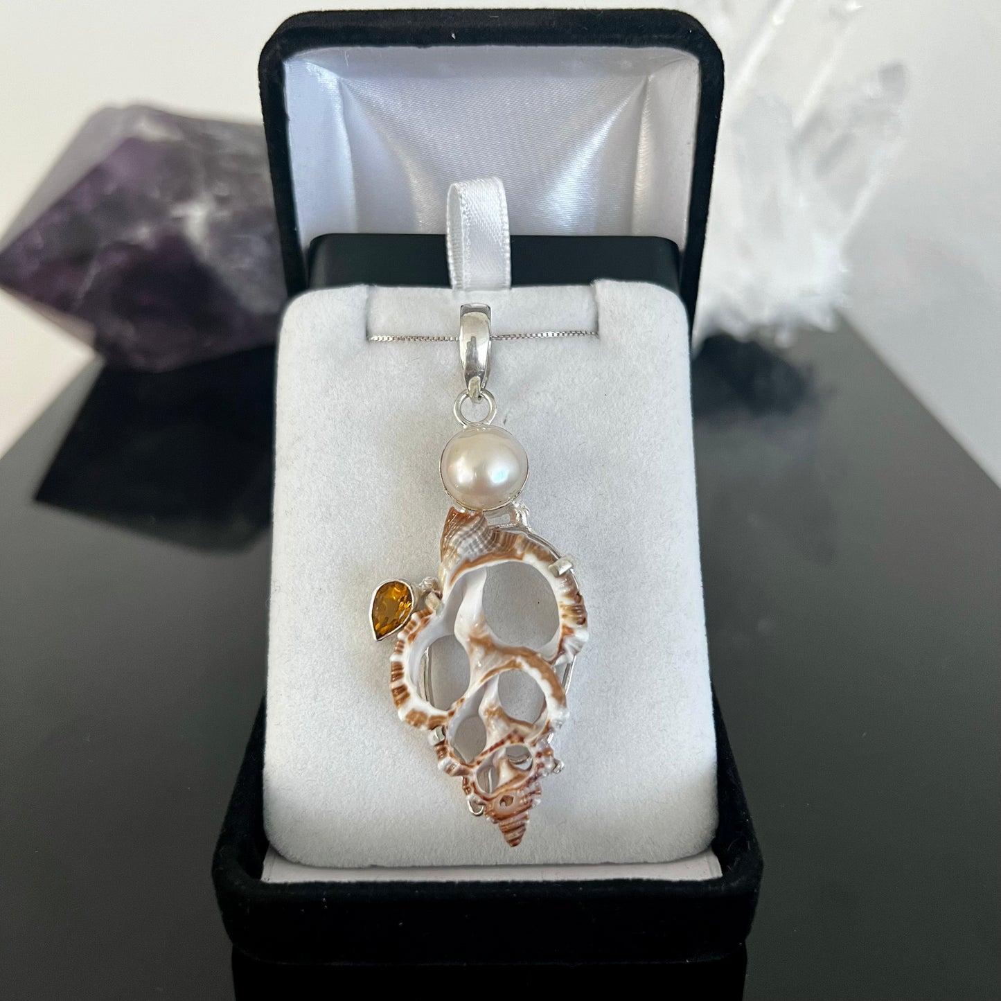 Sea Shell, Citrine & Pearl Sterling Silver Necklace