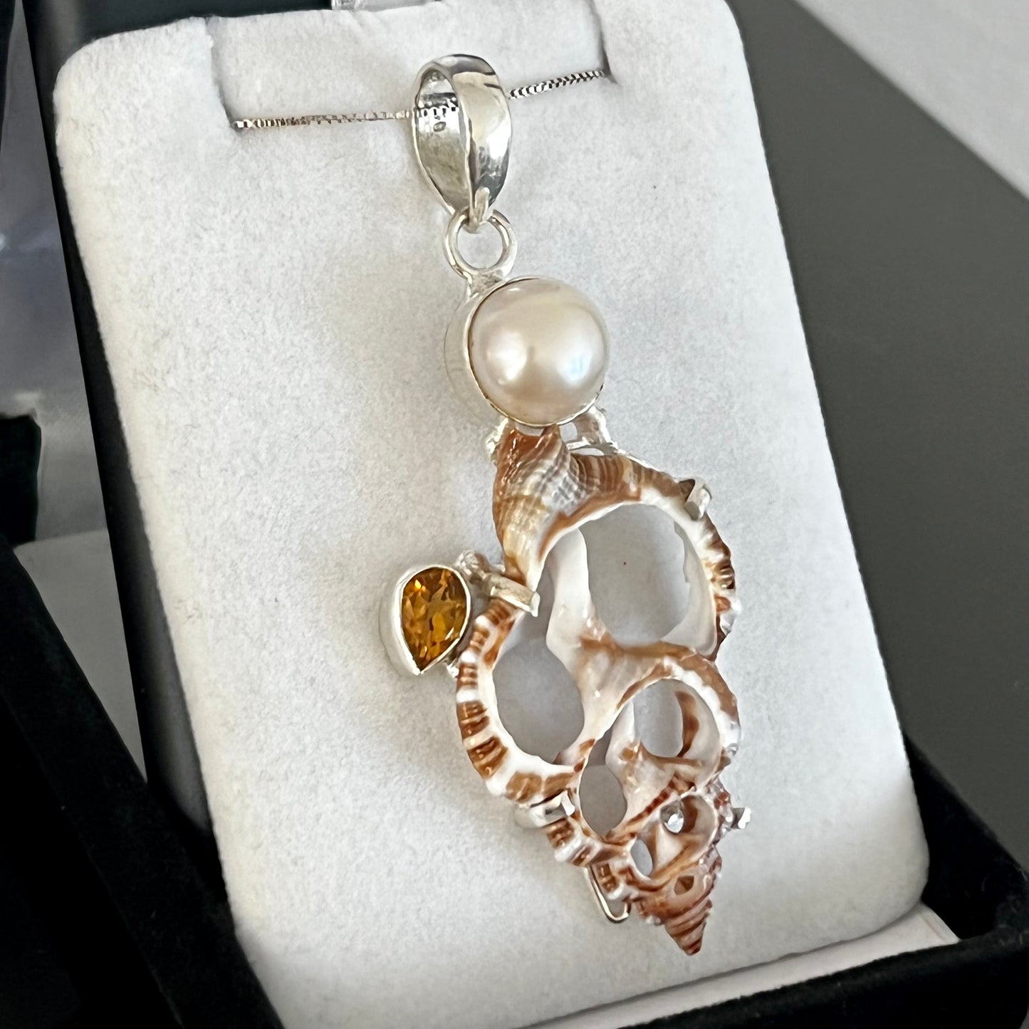 Sea Shell, Citrine & Pearl Sterling Silver Necklace