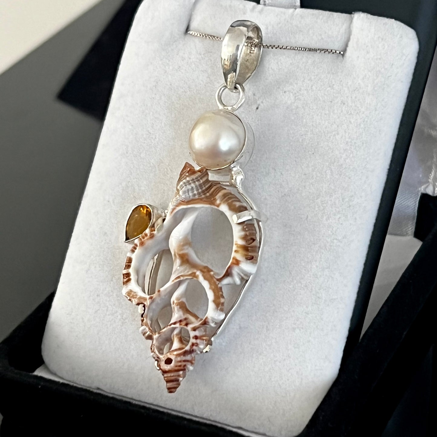 Sea Shell, Citrine & Pearl Sterling Silver Necklace