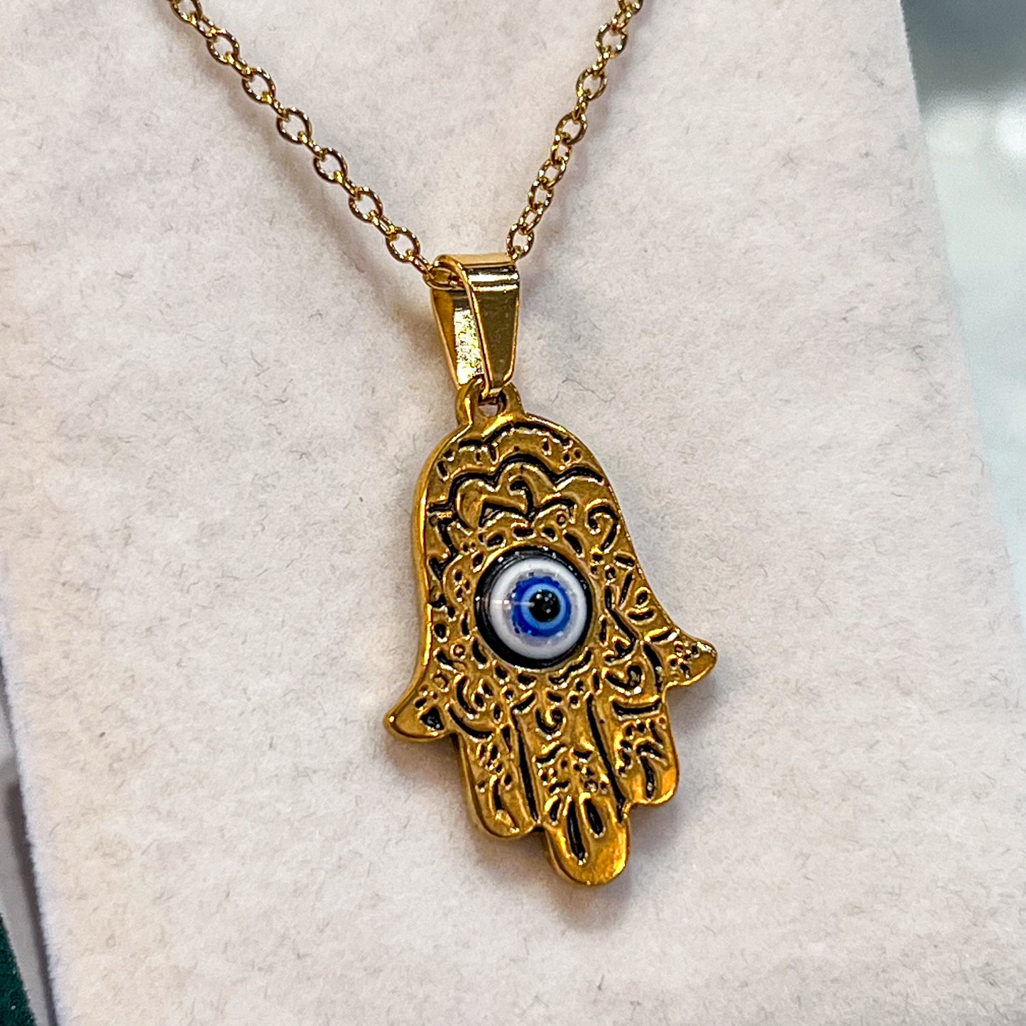 Hamsa Hand Evil Eye Stainless Steel Necklace (Gold)