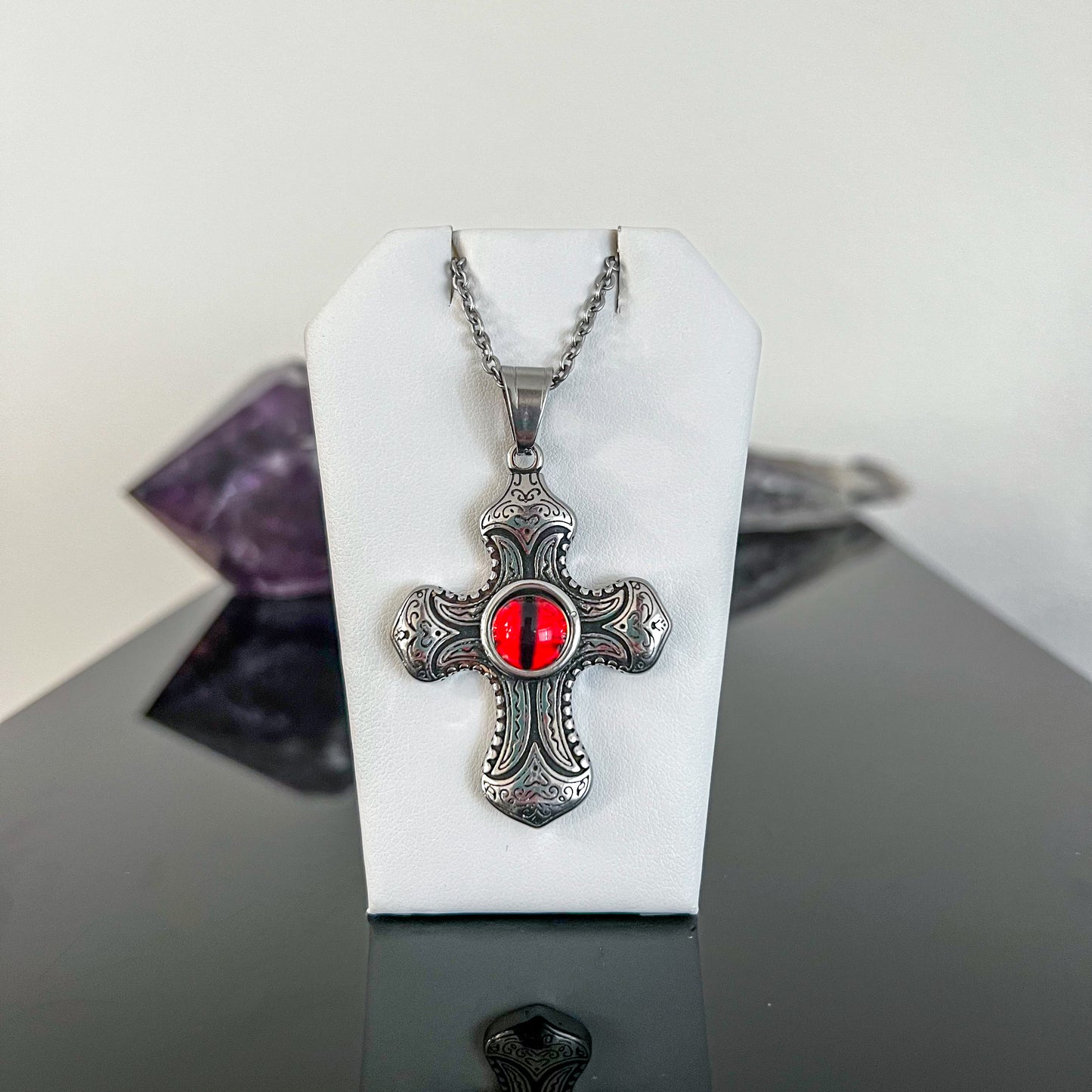 Red Eye Cross Stainless Steel Necklace