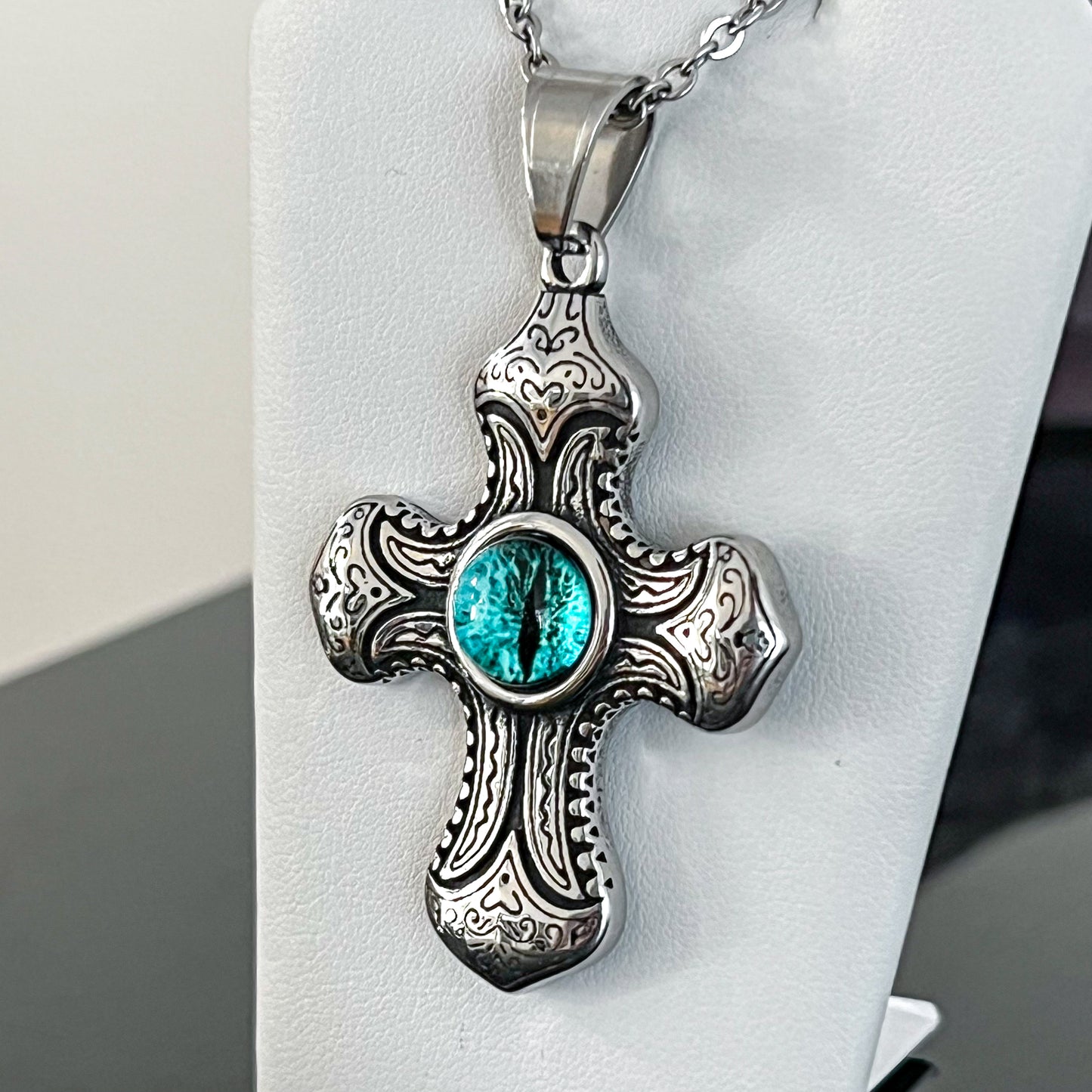 Blue Eye Cross Stainless Steel Necklace