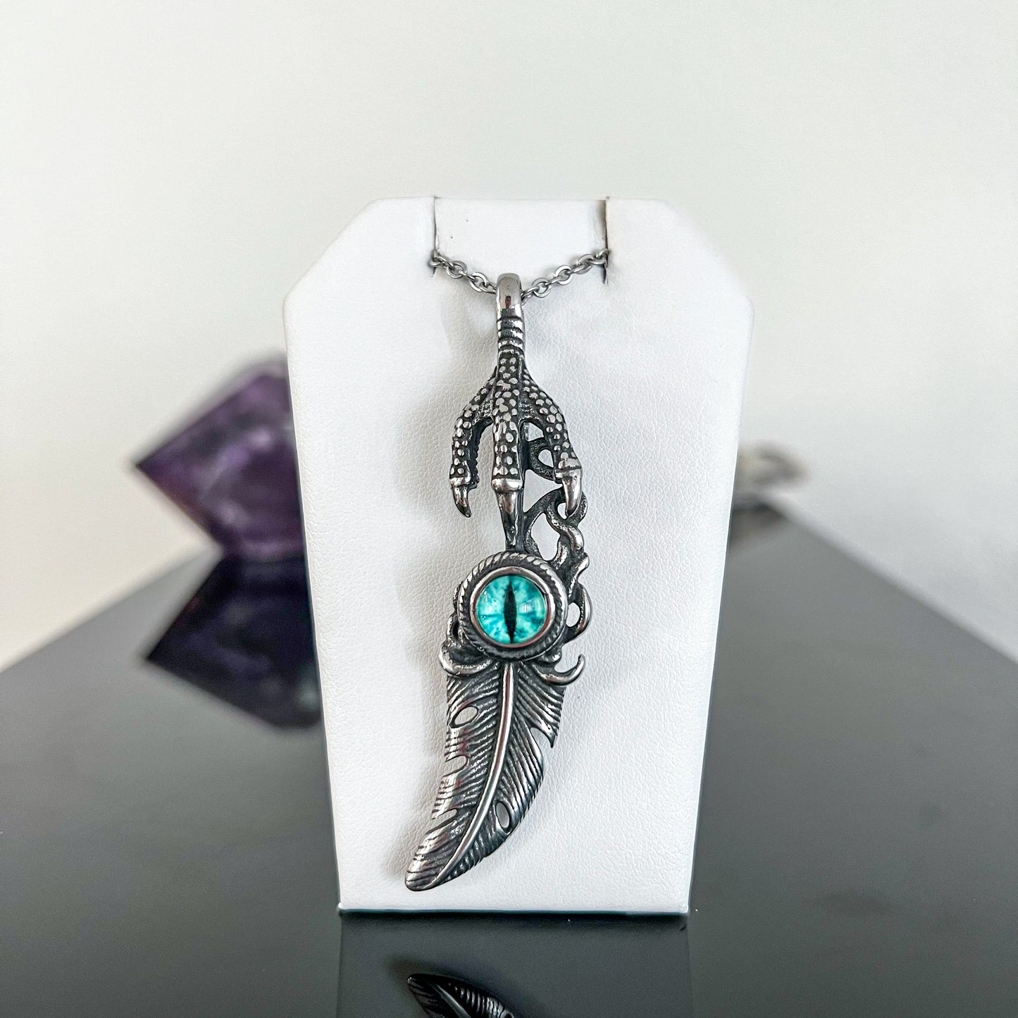 Blue Eye Claw & Feather Stainless Steel Necklace