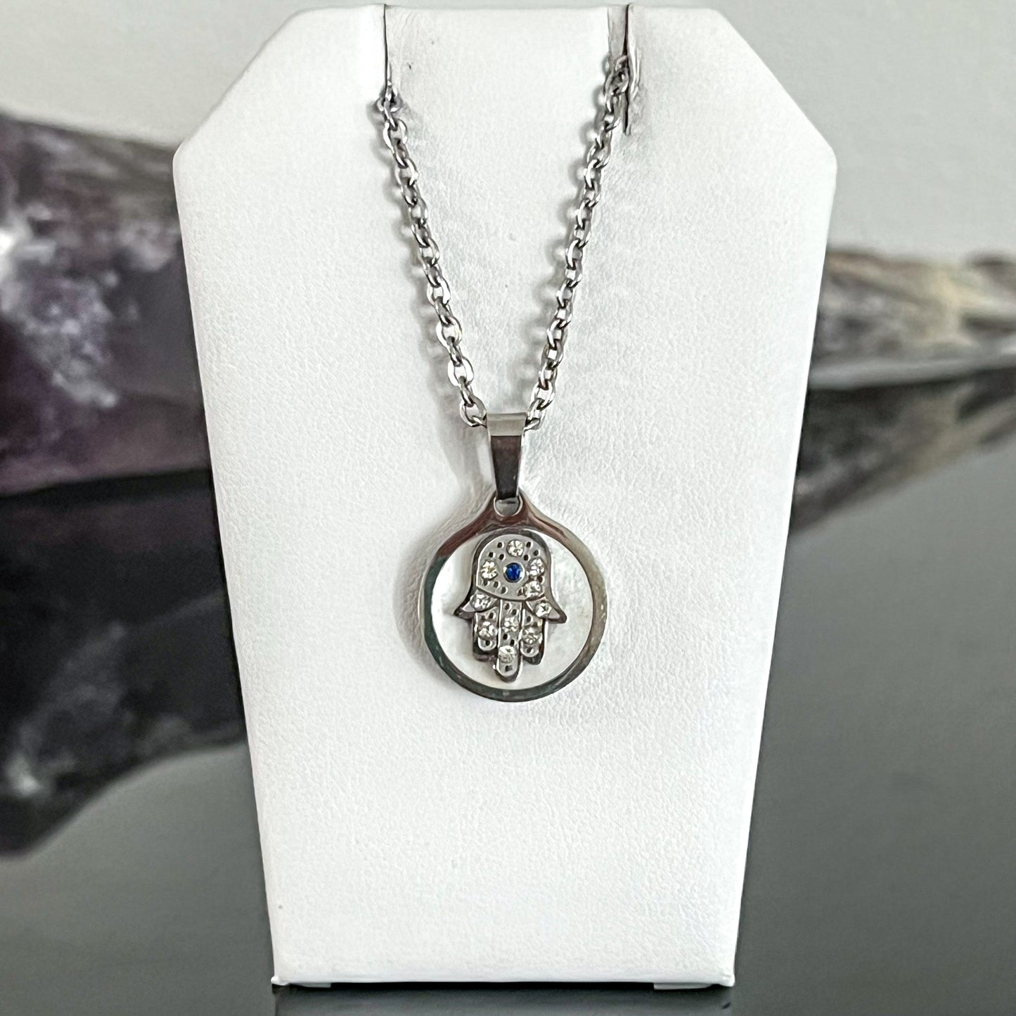 Mother of Pearl Hamsa Evil Eye Stainless Steel Necklace (Silver)