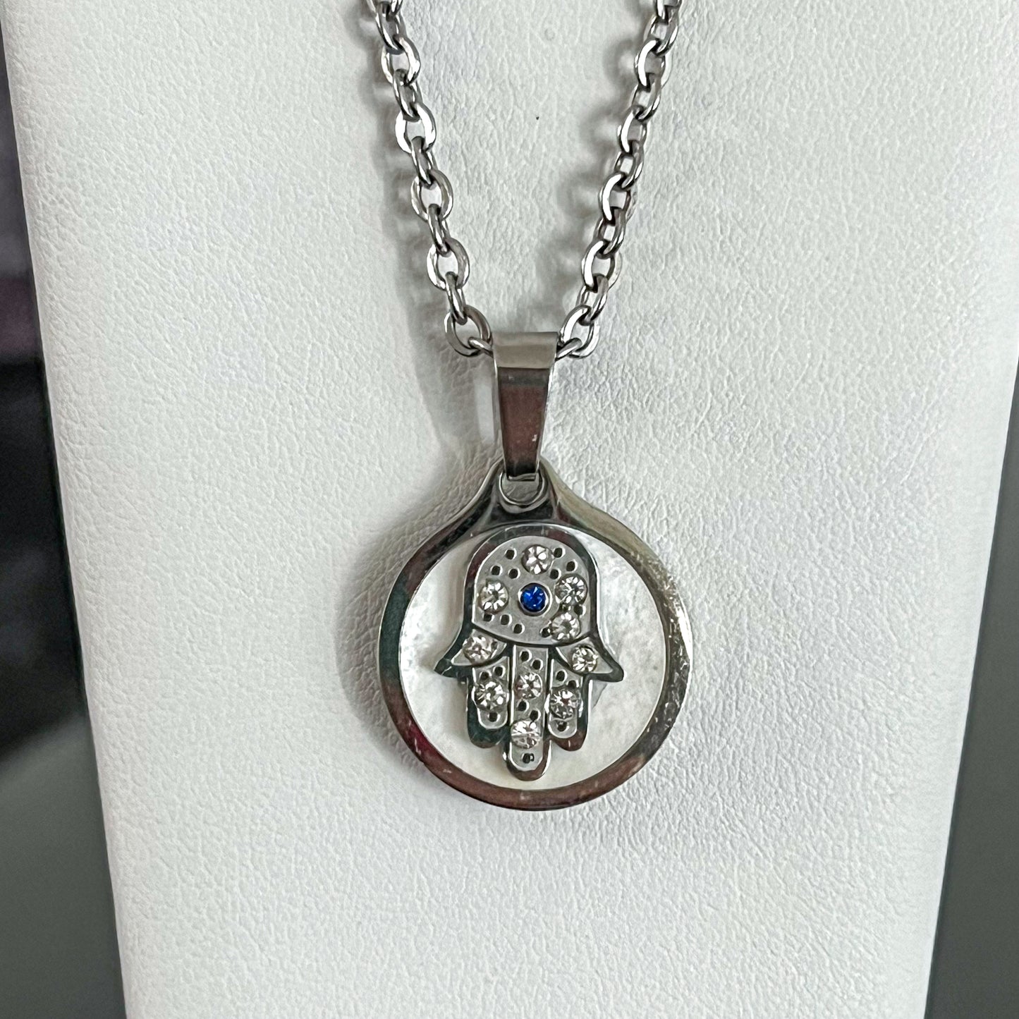 Mother of Pearl Hamsa Evil Eye Stainless Steel Necklace (Silver)