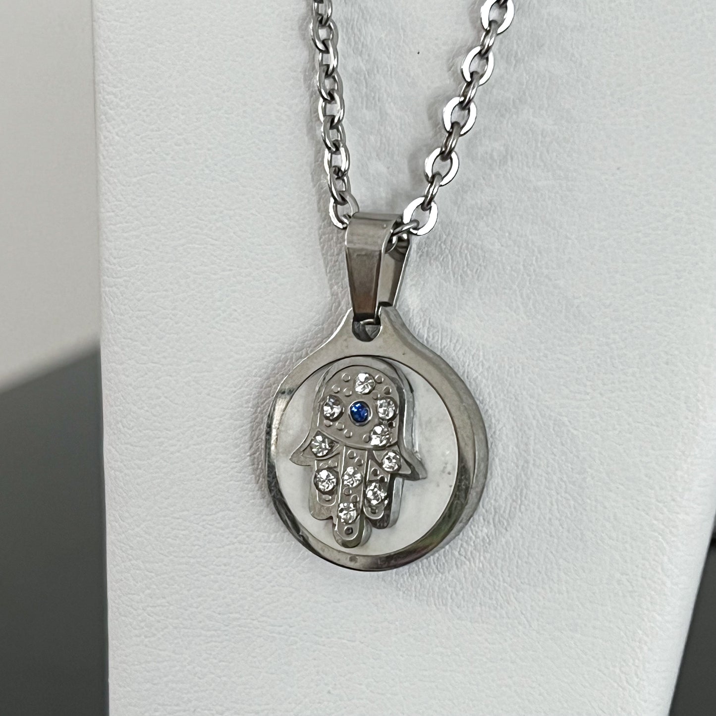 Mother of Pearl Hamsa Evil Eye Stainless Steel Necklace (Silver)
