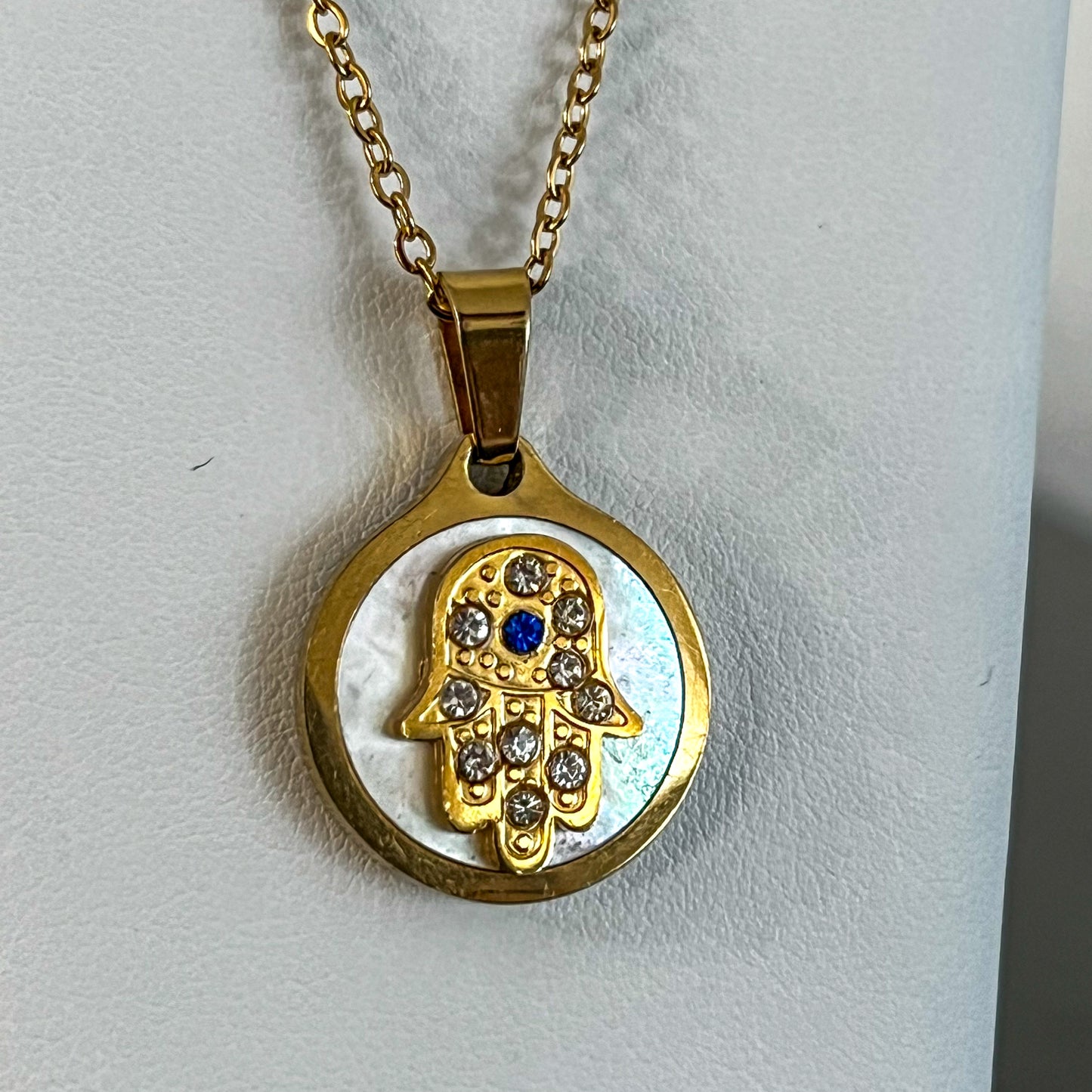 Mother of Pearl Hamsa Evil Eye Stainless Steel Necklace (Gold)