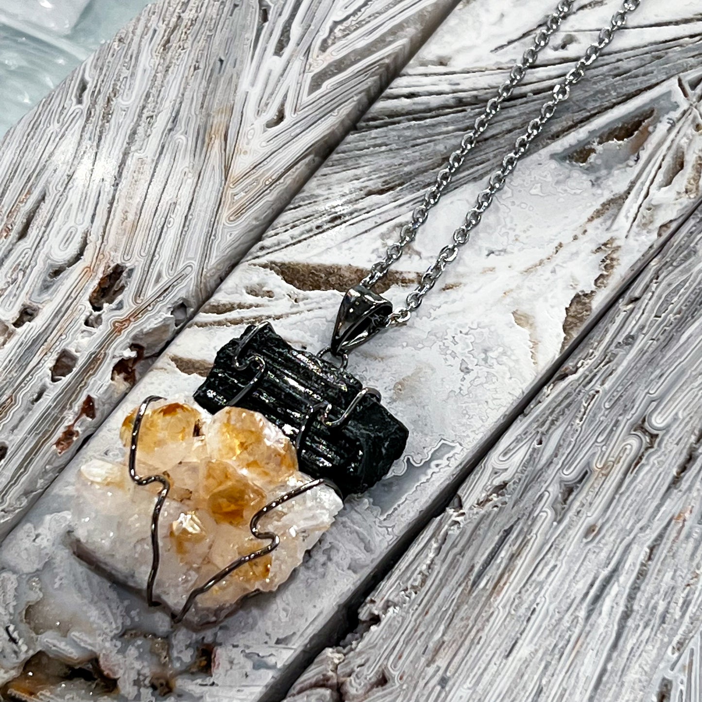 Citrine & Black Tourmaline Necklace (Gunmetal)