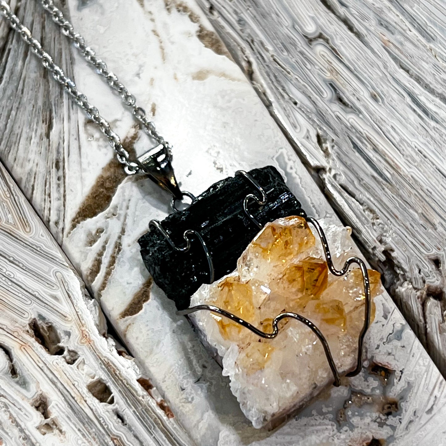 Citrine & Black Tourmaline Necklace (Gunmetal)