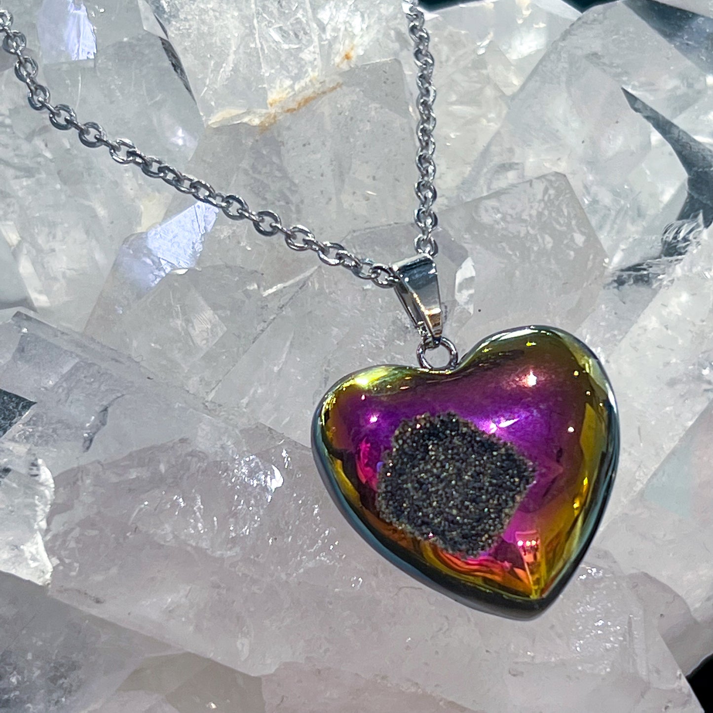 Aura Amethyst Druzy Heart Necklace (Style 4)