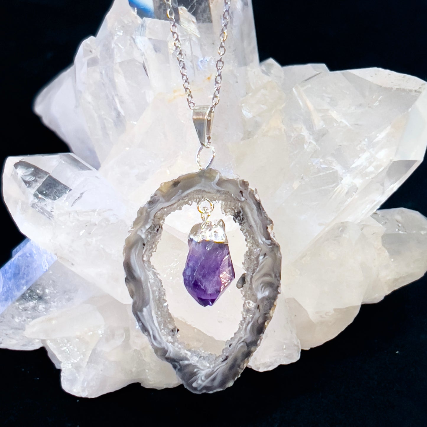 Agate with Amethyst Necklace (Silver)