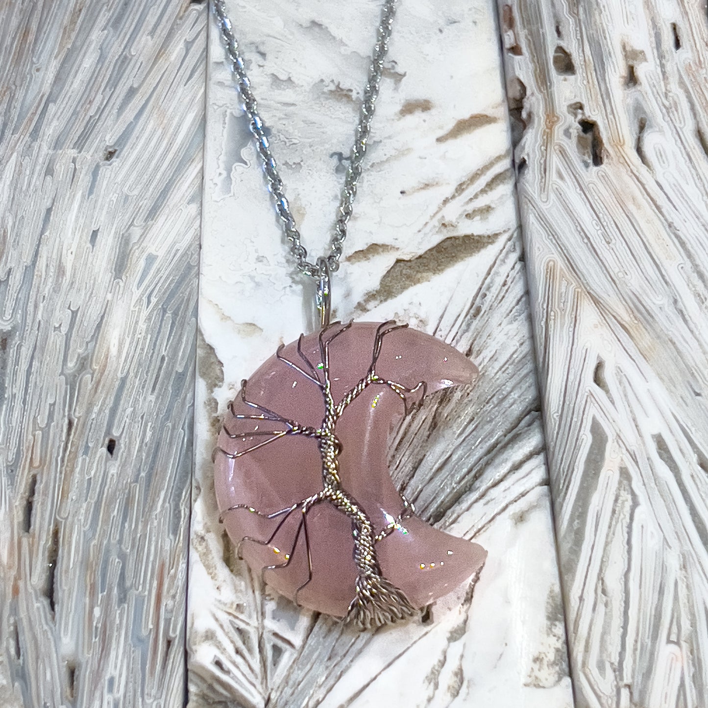 Rose Quartz Moon Tree of Life Necklace