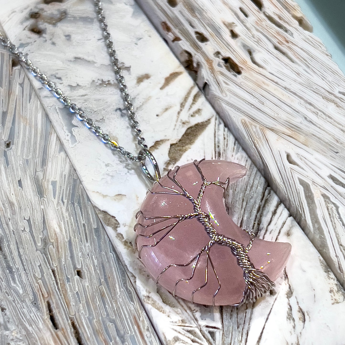 Rose Quartz Moon Tree of Life Necklace