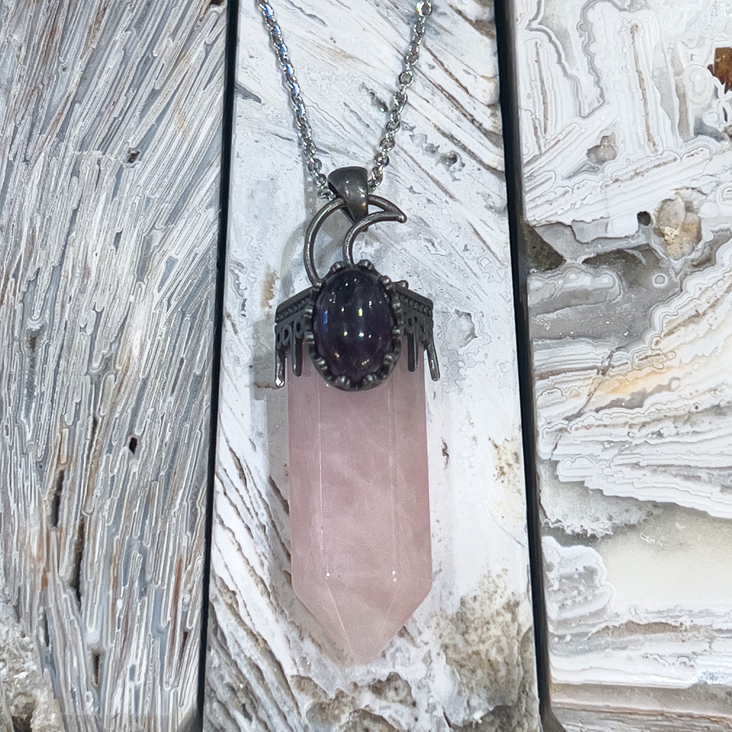 Rose Quartz & Amethyst Moon Necklace (Style 2)