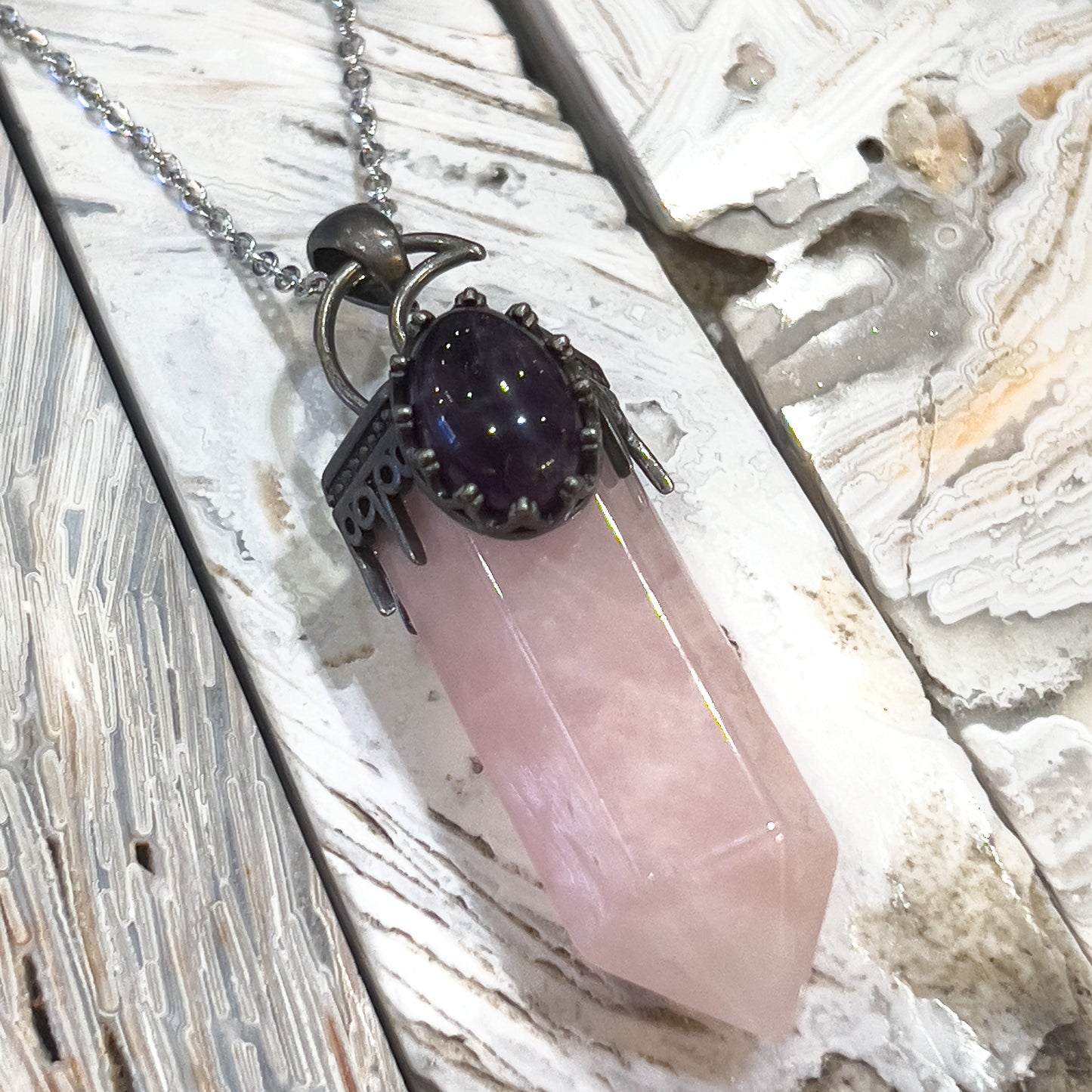 Rose Quartz & Amethyst Moon Necklace (Style 2)