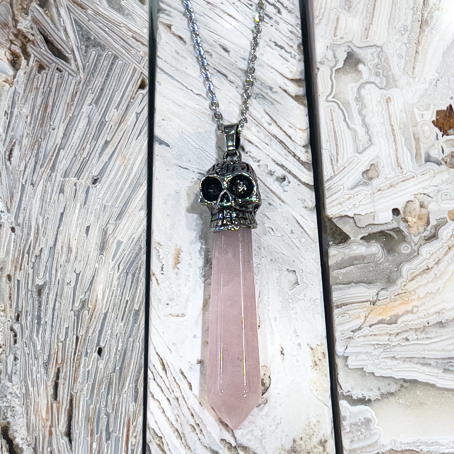 Rose Quartz Skull Necklace