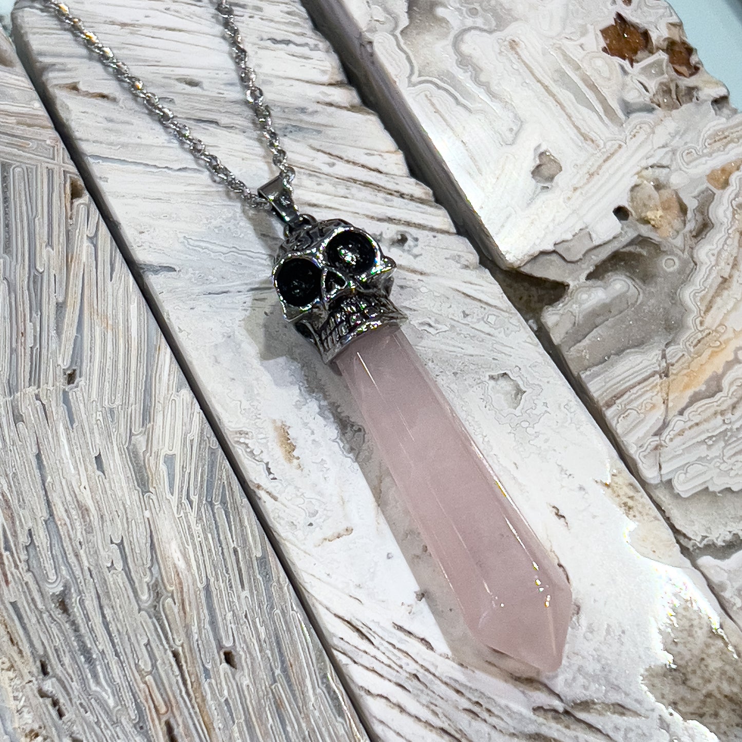Rose Quartz Skull Necklace