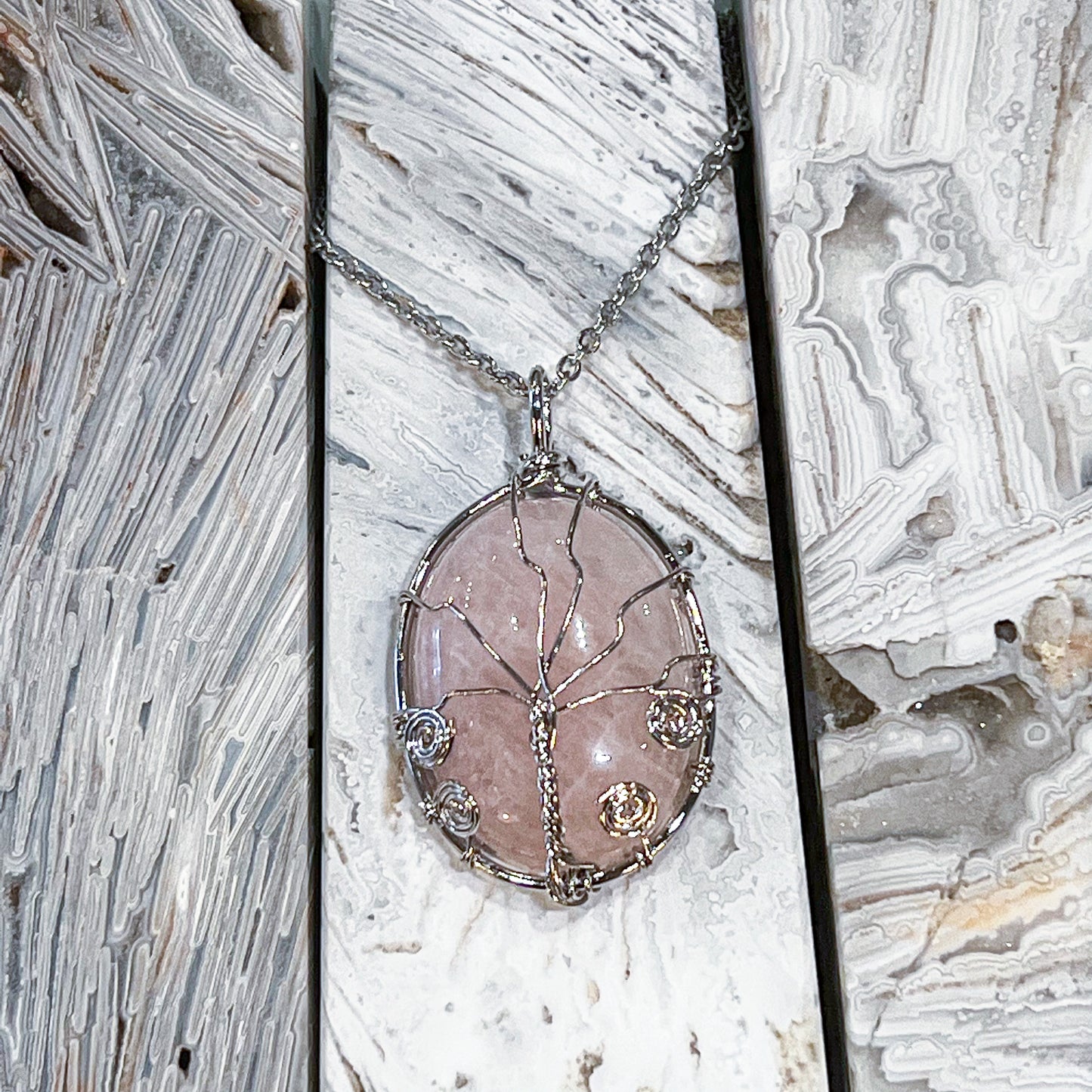 Rose Quartz Tree of Life Wrap Necklace