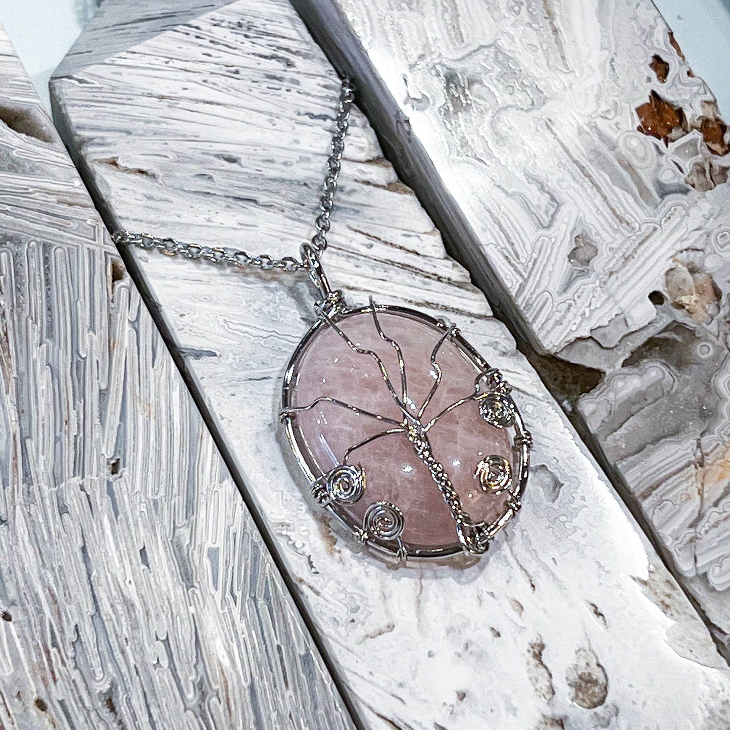 Rose Quartz Tree of Life Wrap Necklace