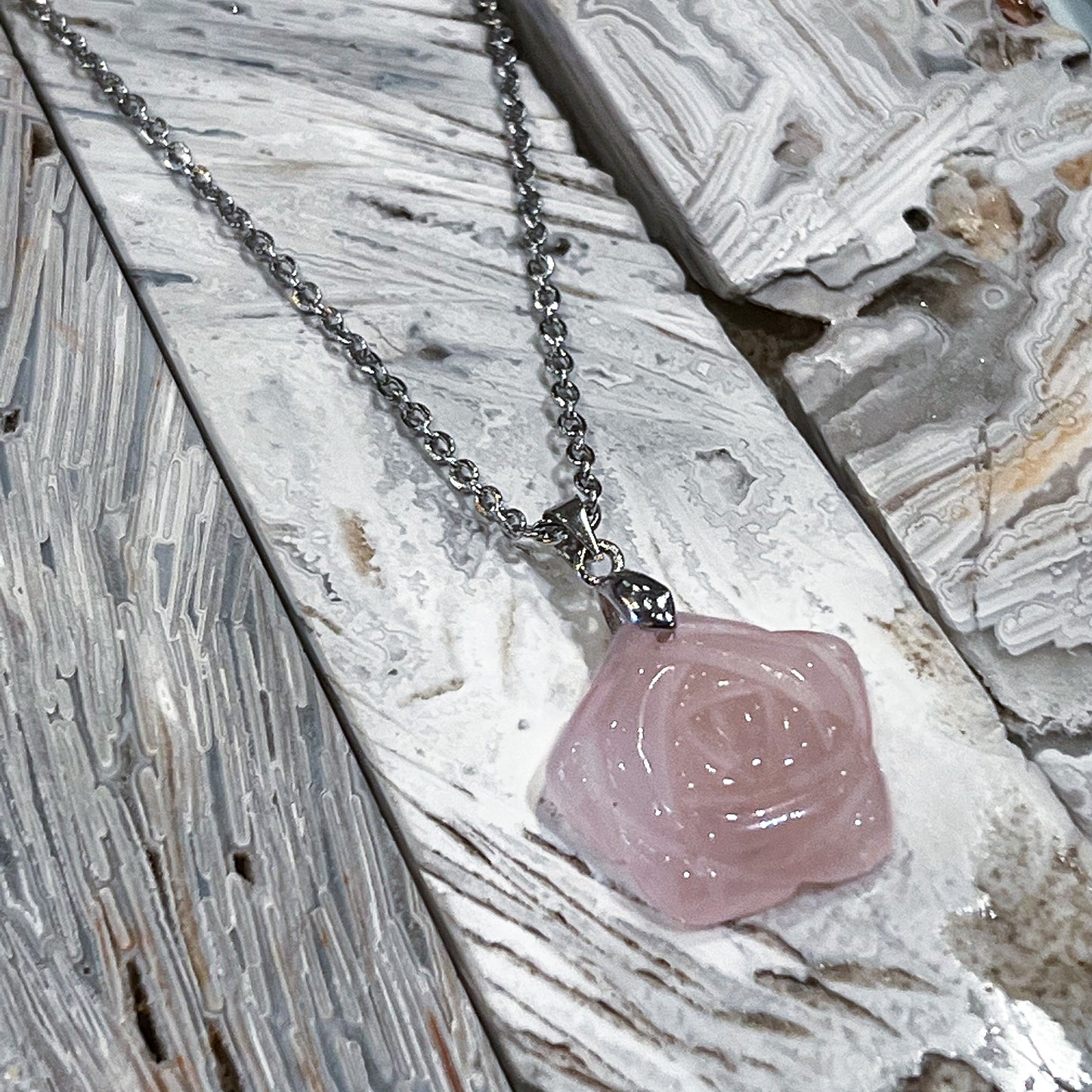 Rose Quartz Rose Necklace