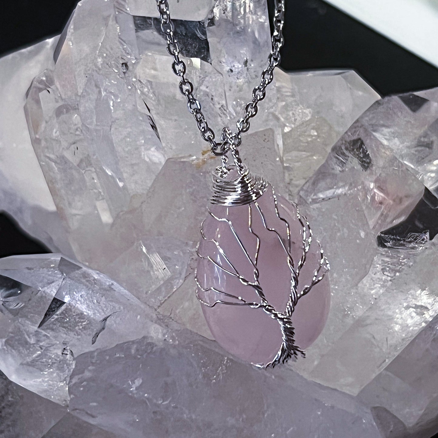 Rose Quartz Teardrop Tree of Life Necklace