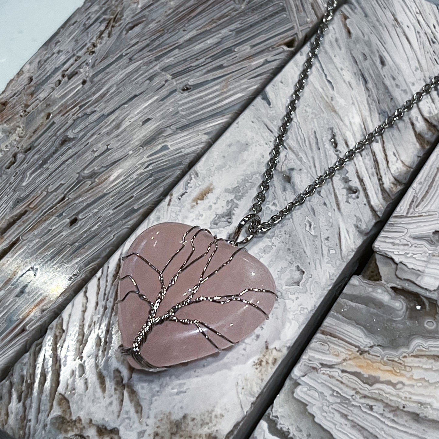 Rose Quartz Heart Tree of Life Necklace
