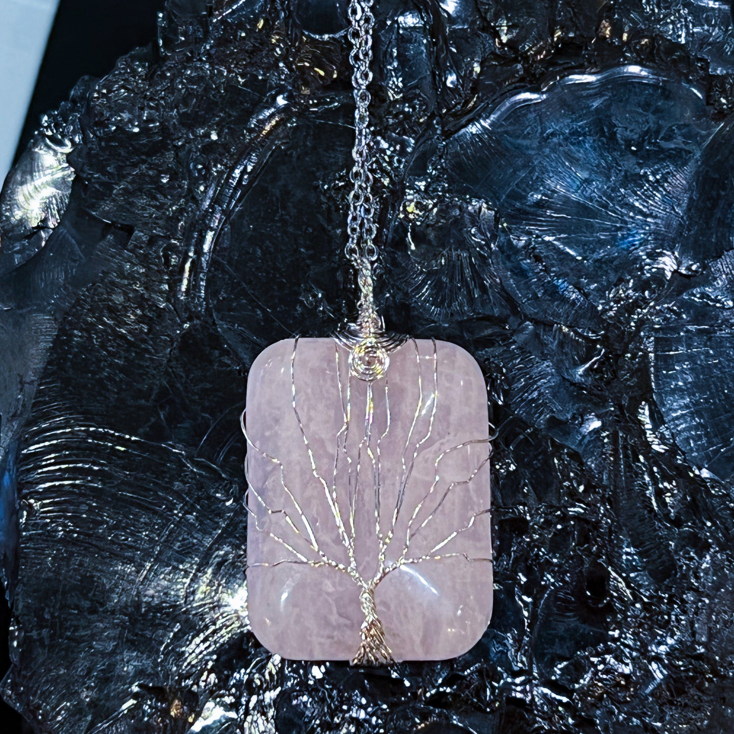 Rose Quartz Tree of Life Rectangle Necklace