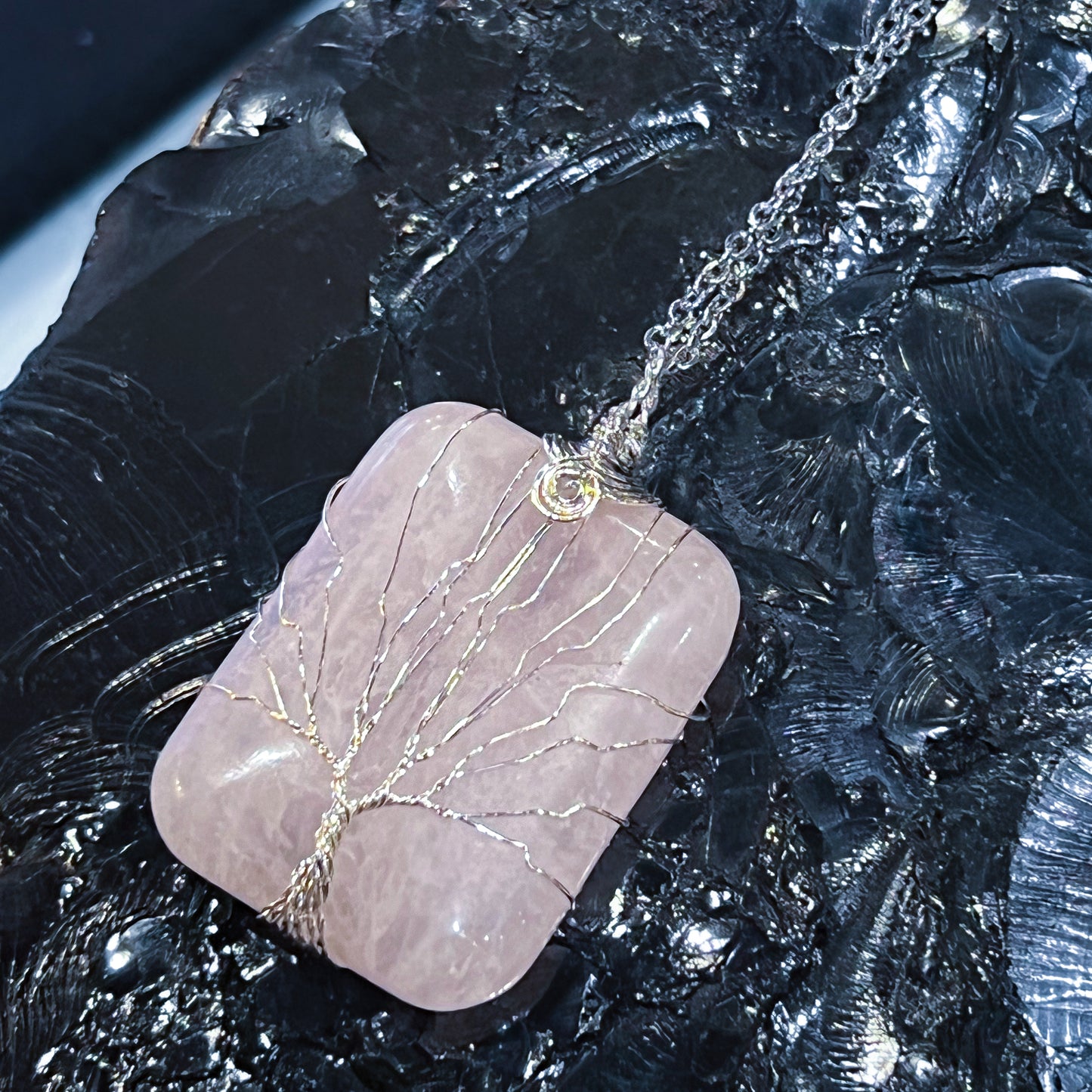 Rose Quartz Tree of Life Rectangle Necklace