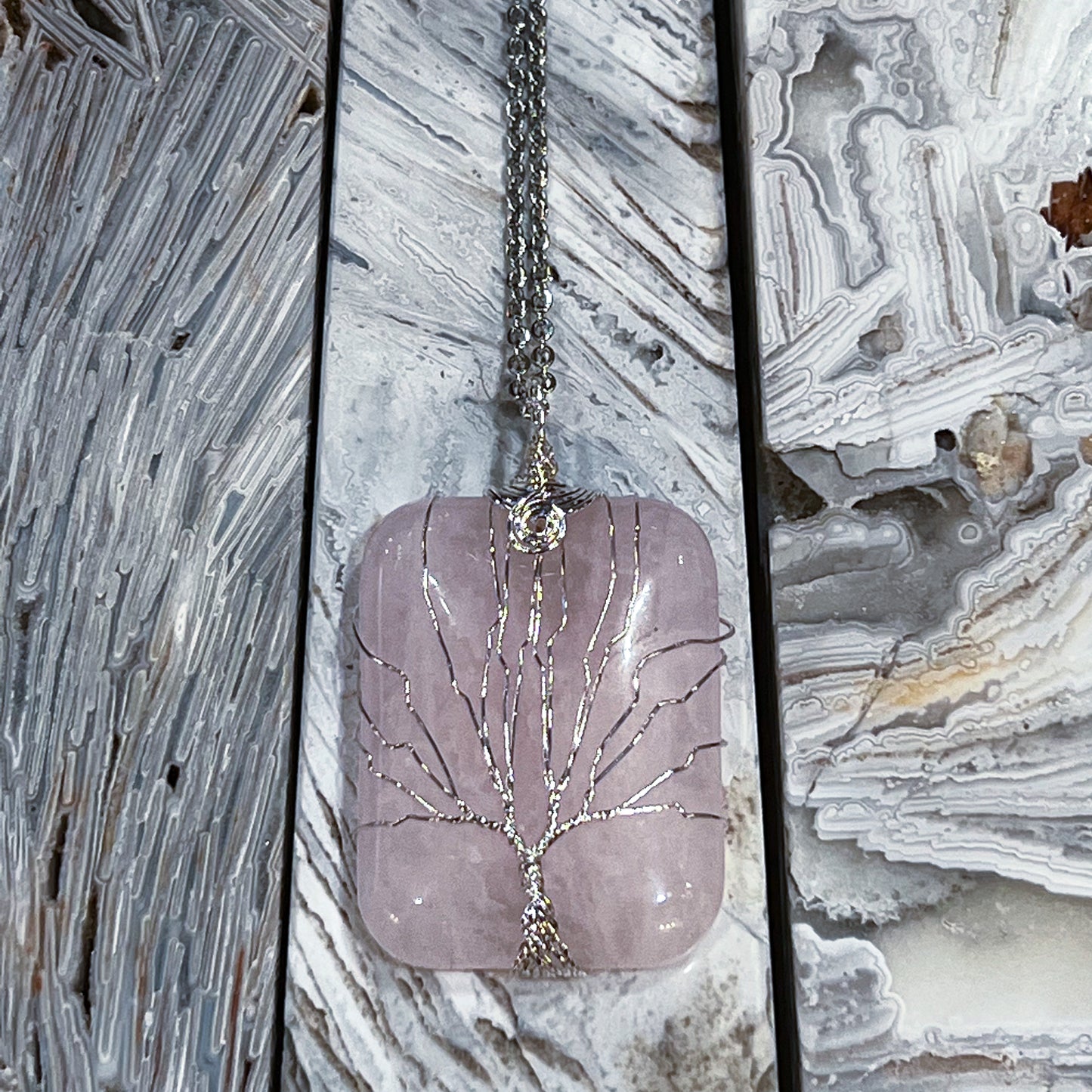 Rose Quartz Tree of Life Rectangle Necklace