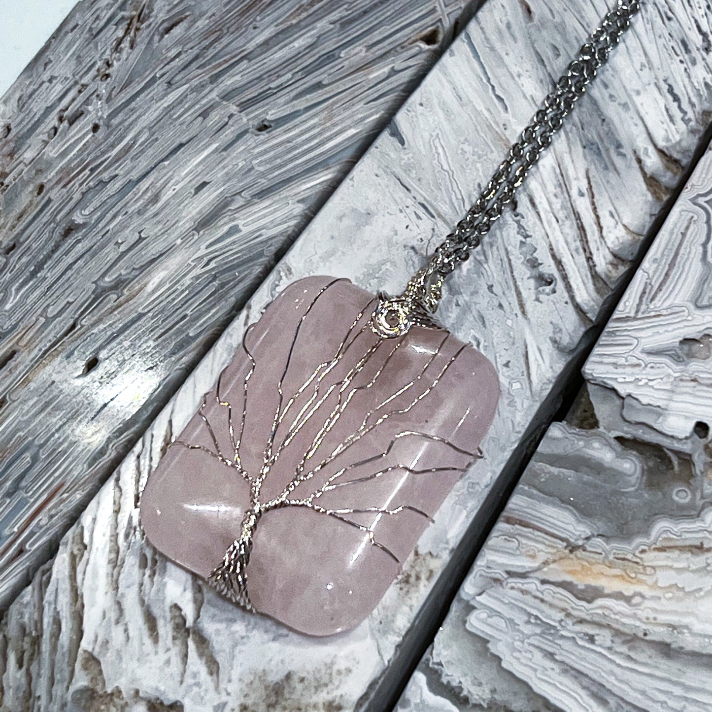 Rose Quartz Tree of Life Rectangle Necklace