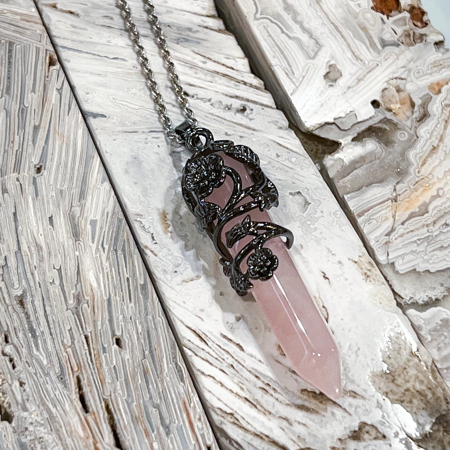 Rose Quartz Flower Wrap Necklace