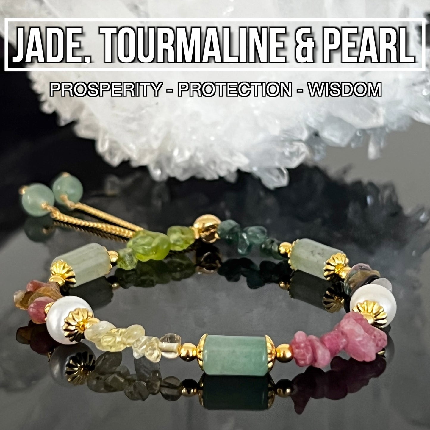 Jade, Tourmaline & Pearl Adjustable Bracelet