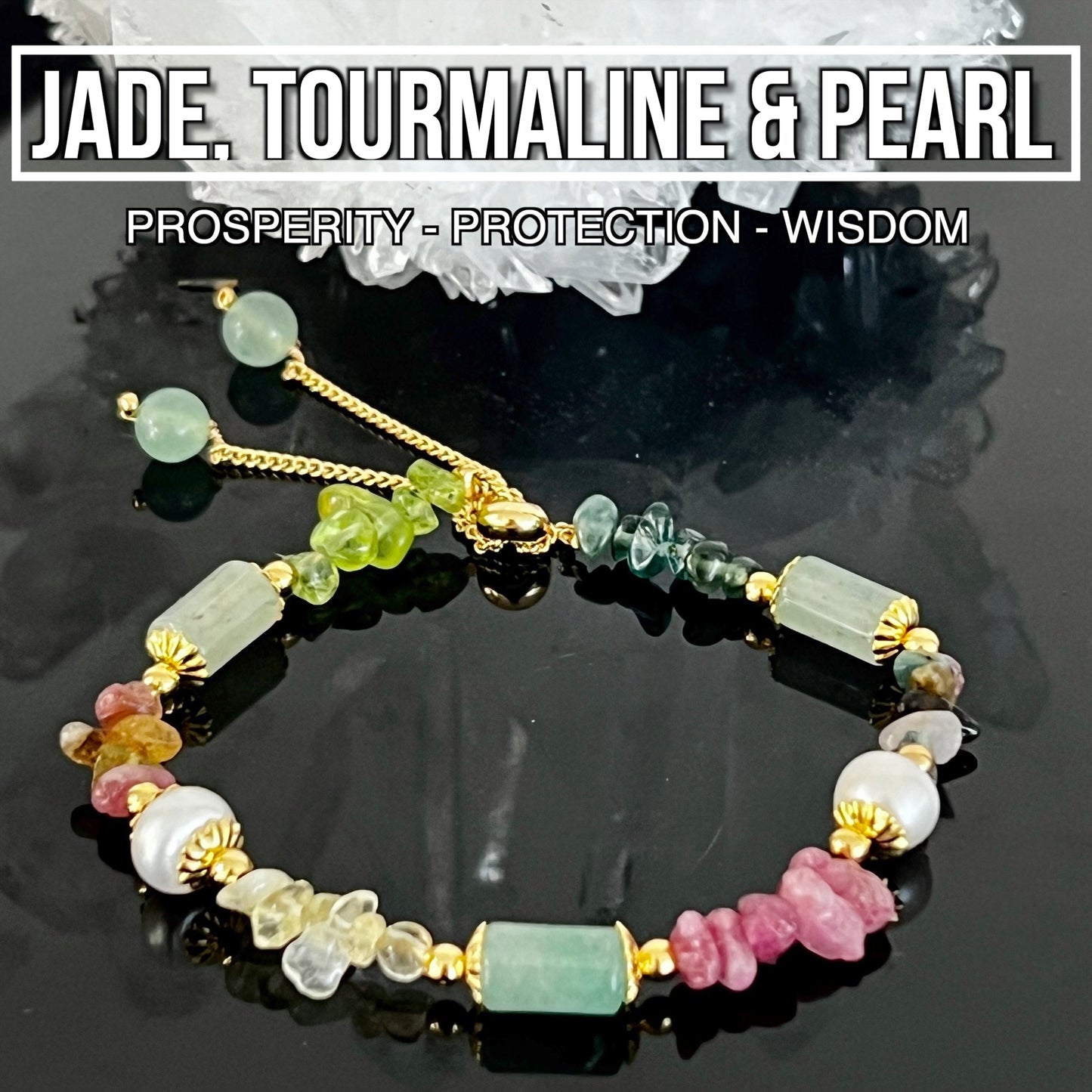 Jade, Tourmaline & Pearl Adjustable Bracelet