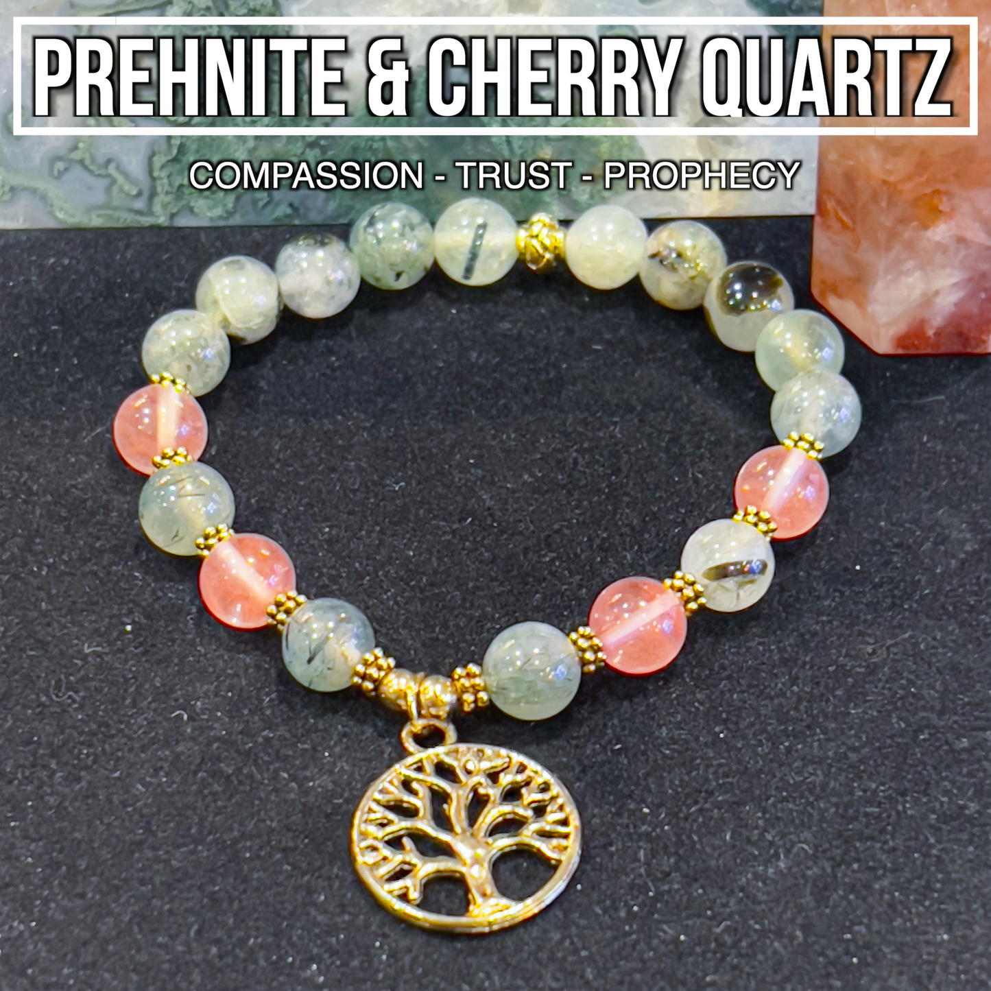 Prehnite & Cherry Quartz Bracelet With Tree Of Life Charm 8mm