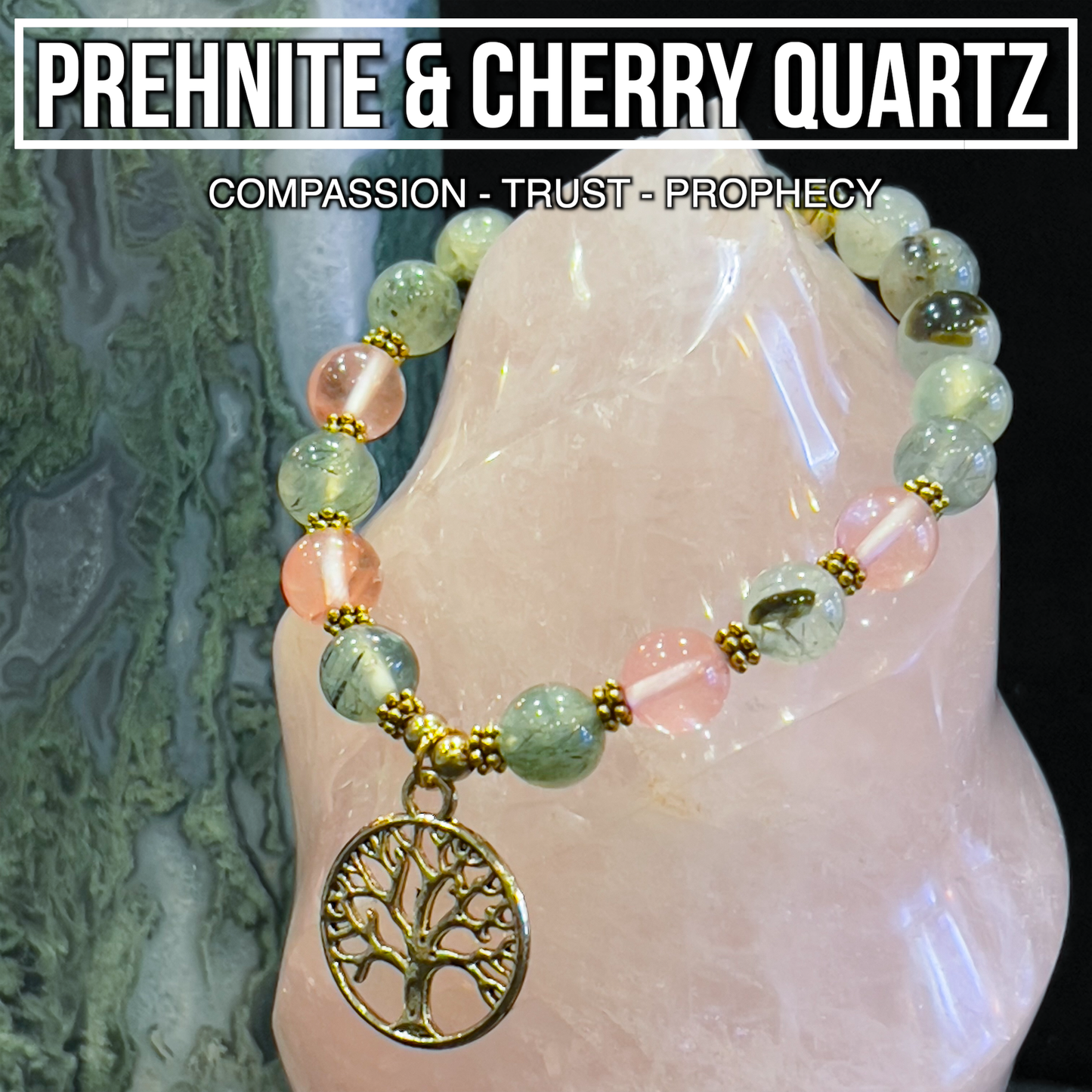 Prehnite & Cherry Quartz Bracelet With Tree Of Life Charm 8mm