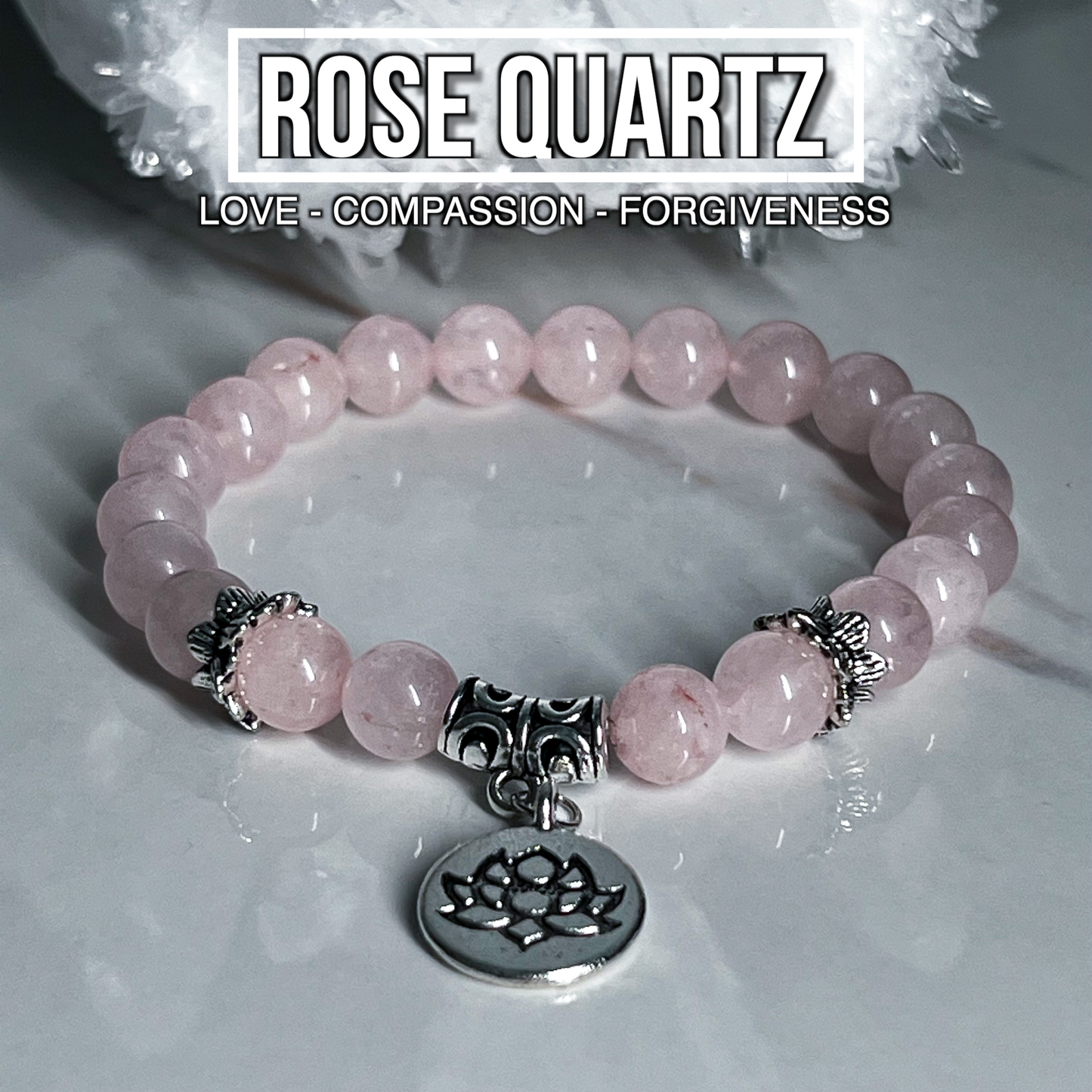 Rose Quartz Bracelet With Lotus Flower Charm 8mm