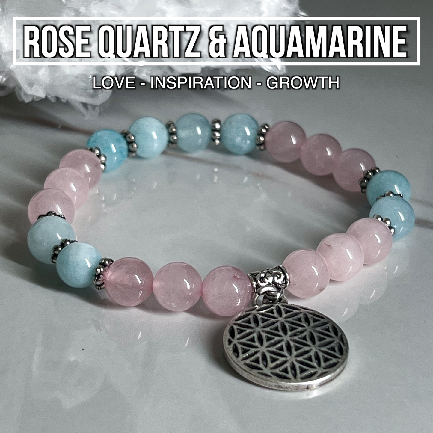 Rose Quartz & Aquamarine Bracelet With Flower Of Life Charm 8mm