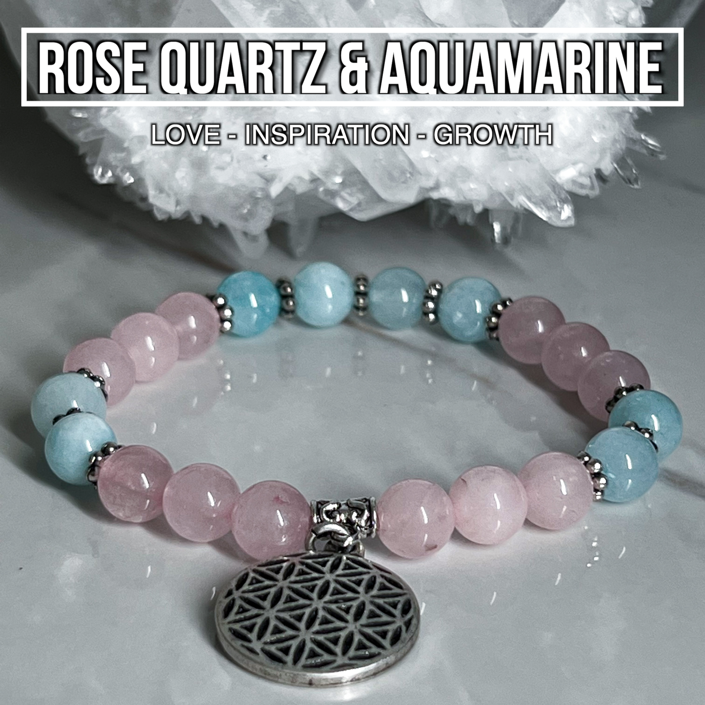 Rose Quartz & Aquamarine Bracelet With Flower Of Life Charm 8mm