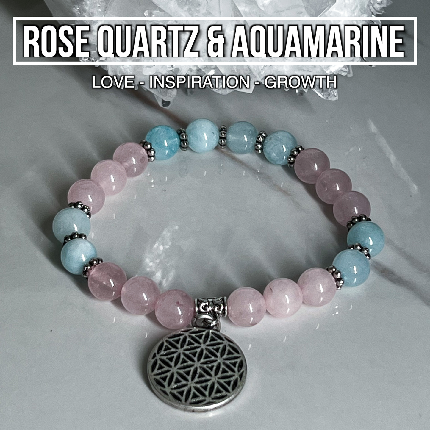 Rose Quartz & Aquamarine Bracelet With Flower Of Life Charm 8mm