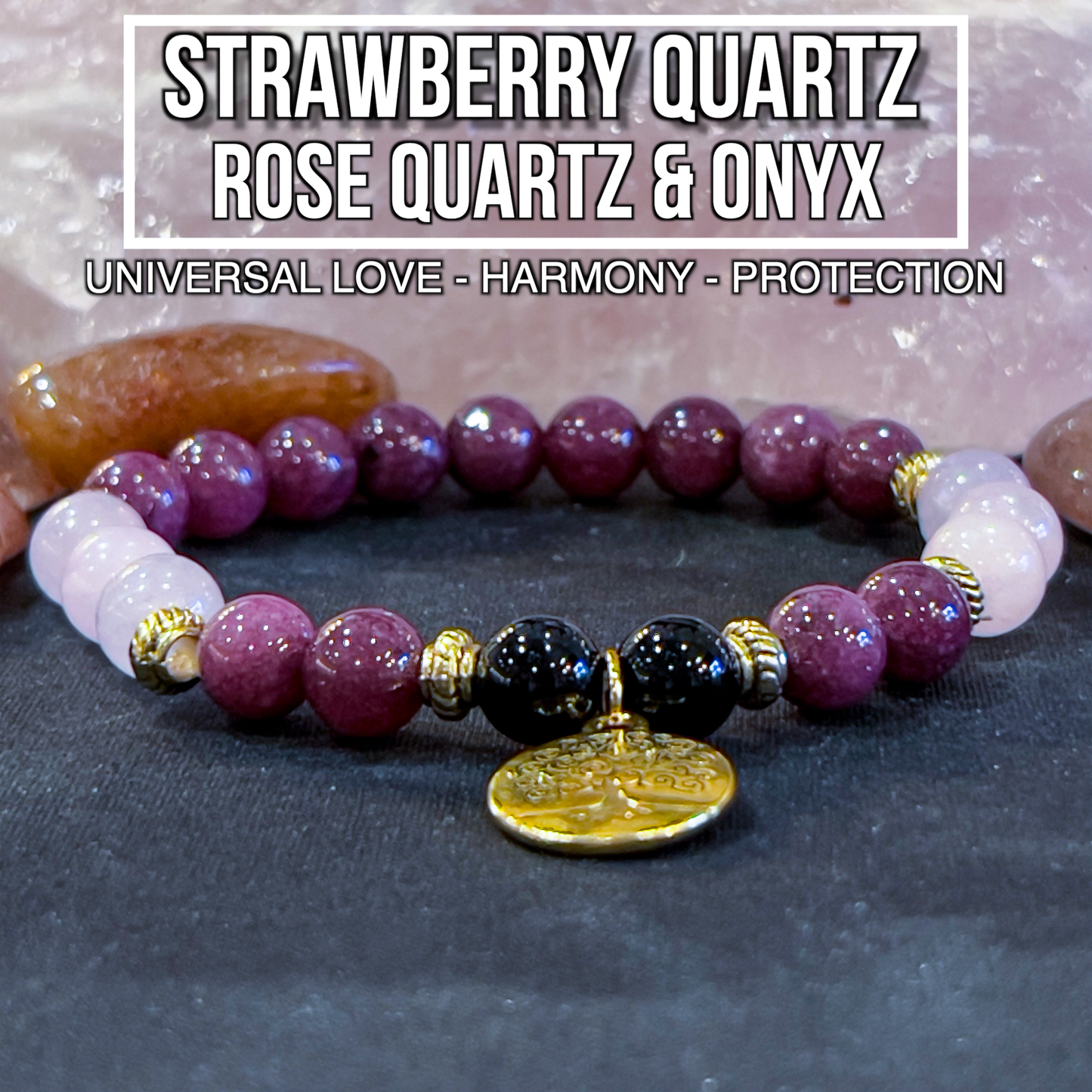 Strawberry Quartz, Rose Quartz & Onyx with Tree of Life Charm Bracelet 8mm