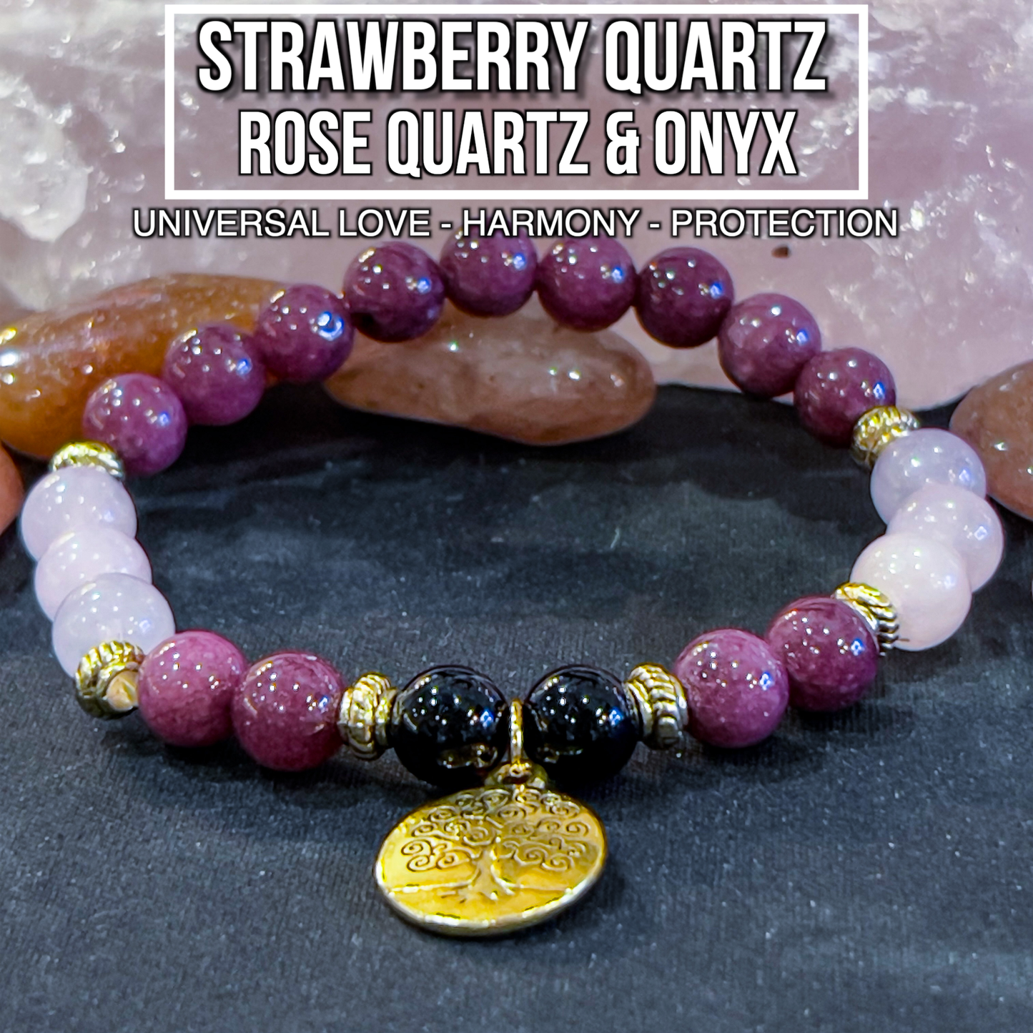Strawberry Quartz, Rose Quartz & Onyx with Tree of Life Charm Bracelet 8mm