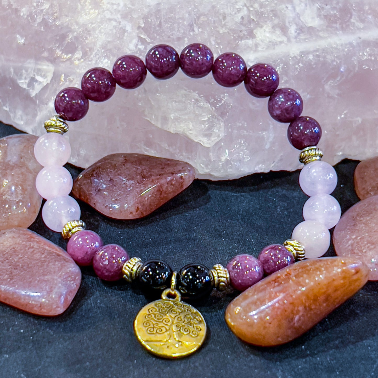 Strawberry Quartz, Rose Quartz & Onyx with Tree of Life Charm Bracelet 8mm