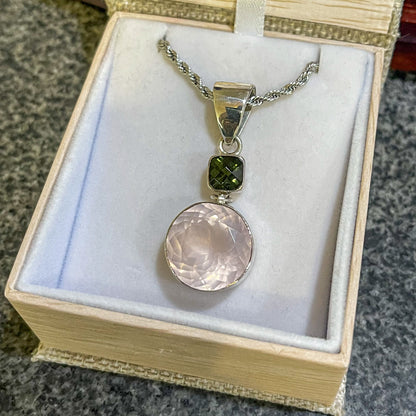 Rose Quartz & Moldavite Sterling Silver Necklace