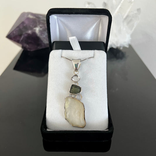 Moldavite, Libyan Glass & Herkimer Diamond Sterling Silver Necklace