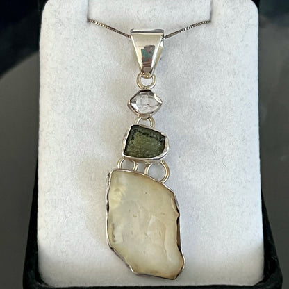 Moldavite, Libyan Glass & Herkimer Diamond Sterling Silver Necklace