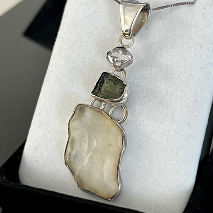 Moldavite, Libyan Glass & Herkimer Diamond Sterling Silver Necklace