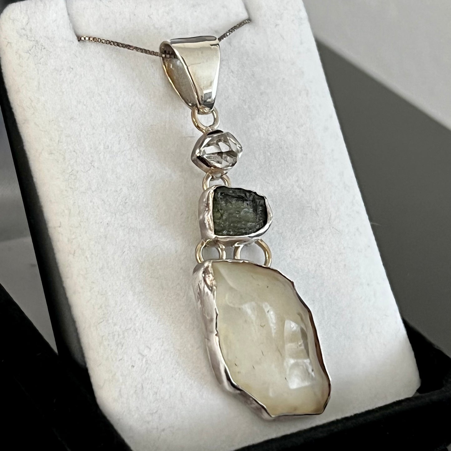 Moldavite, Libyan Glass & Herkimer Diamond Sterling Silver Necklace